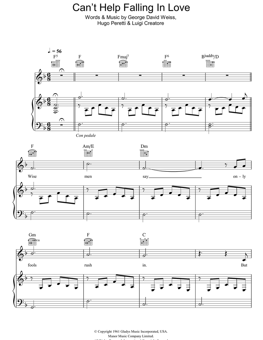 Can't Help Falling In Love Piano, Vocal, Guitar scores gallery preview page 1