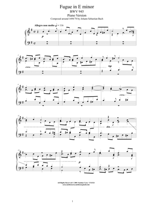 Book cover for Bach - Fugue in E minor BWV 945 - Piano version