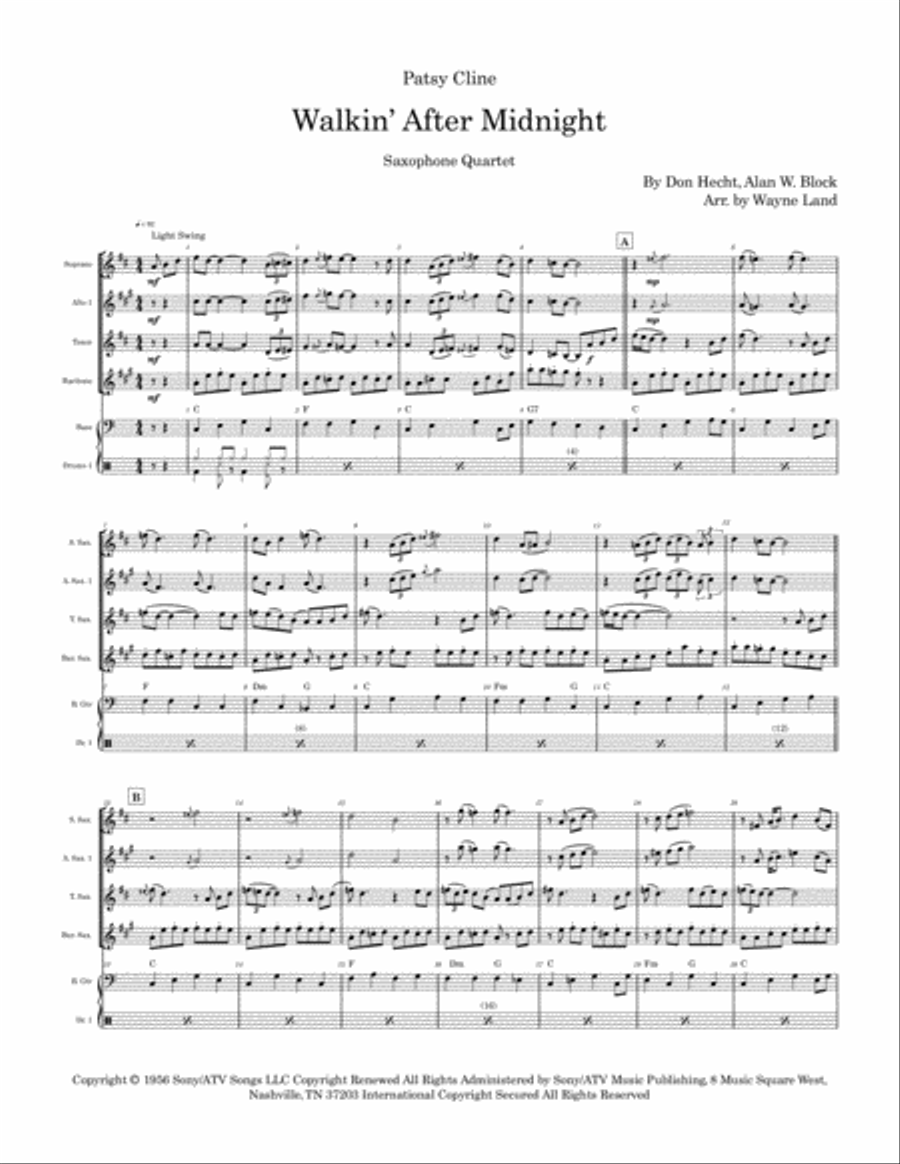 Walkin' After Midnight Saxophone Quartet scores gallery preview page 2