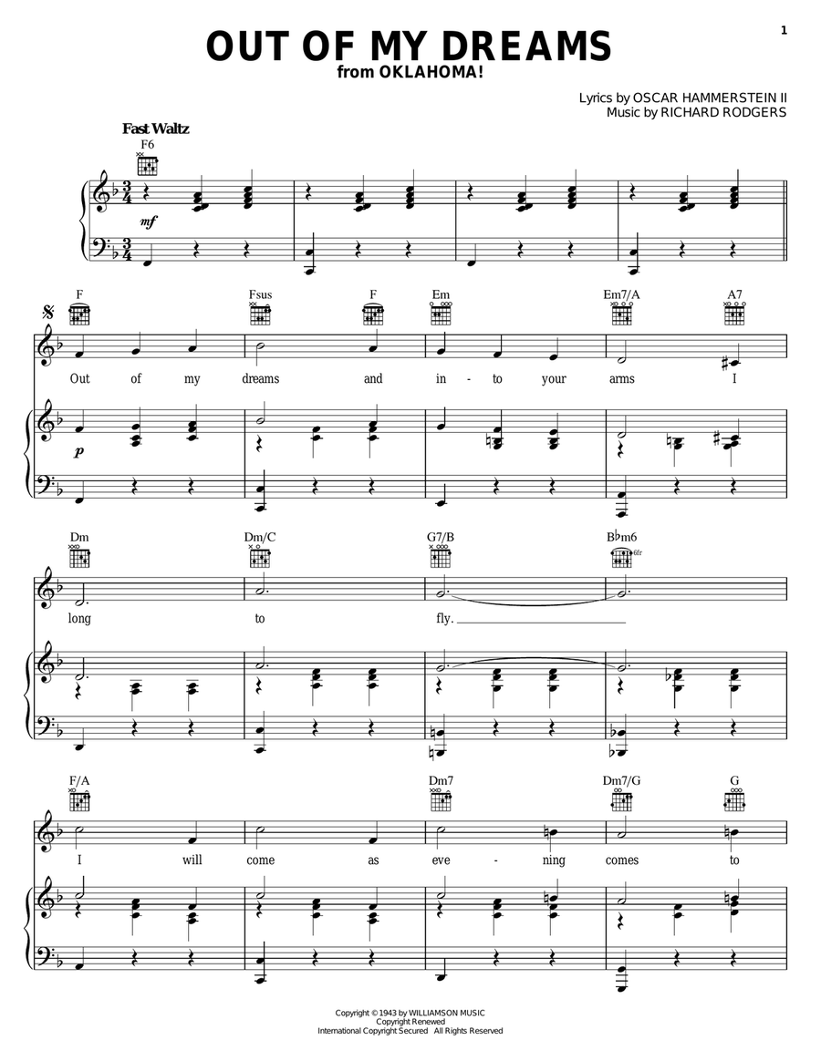 Out Of My Dreams (from Oklahoma!) Piano, Vocal, Guitar scores gallery preview page 1