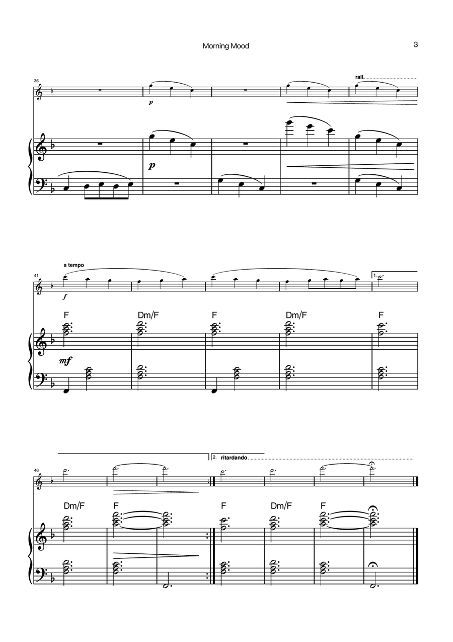 Morning Mood by Grieg for Flute with Piano and Chords Chamber Music scores gallery preview page 3