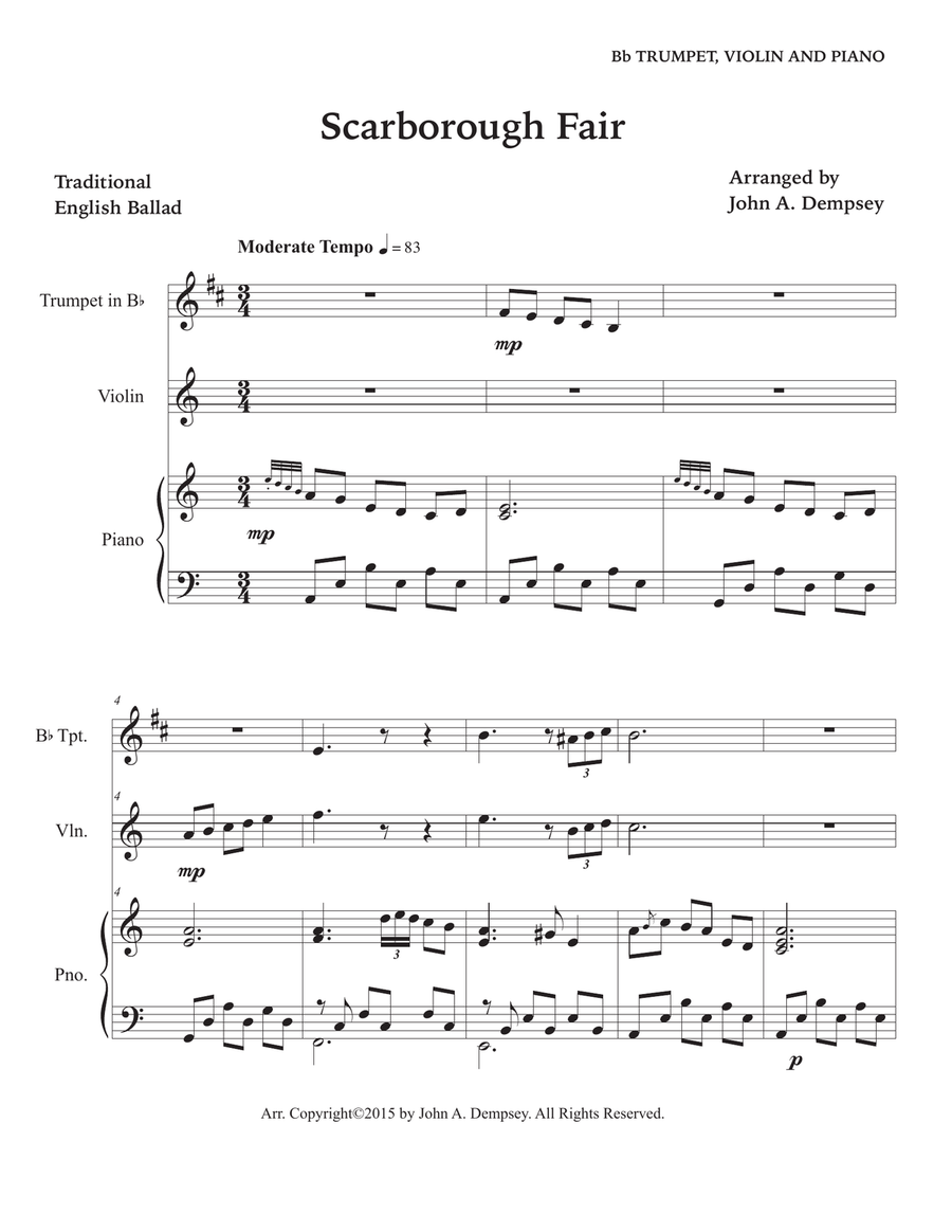 Scarborough Fair (Trio for Trumpet, Violin and Piano) Small Ensemble scores gallery preview page 5