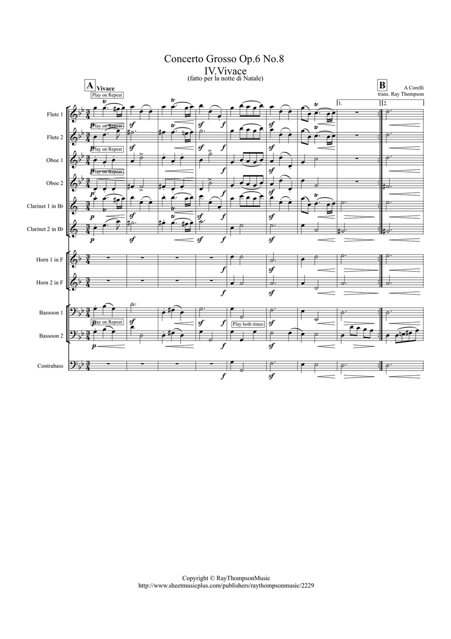 Corelli: Concerto Grosso Op.6 No.8 (Christmas Concerto) Mvt.IV Vivace - symphonic wind Woodwind Quintet scores gallery preview page 1