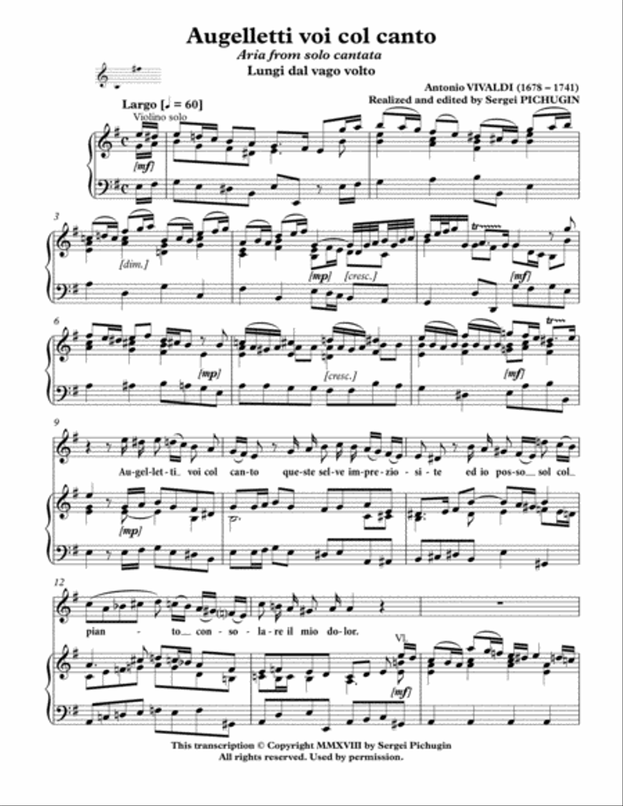 VIVALDI Antonio: Augelletti voi col canto, aria from the cantata, arranged for Voice and Piano (E mi Alto Voice scores gallery preview page 3