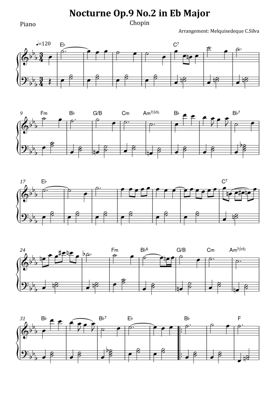Nocturne Op.9 No.2 in Eb Major - Chopin Piano Solo scores gallery preview page 1