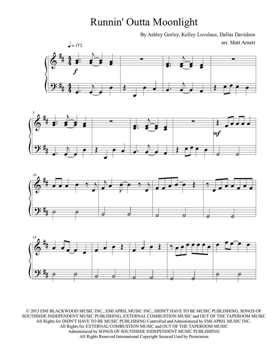 Runnin' Outta Moonlight Easy Piano scores gallery preview page 1