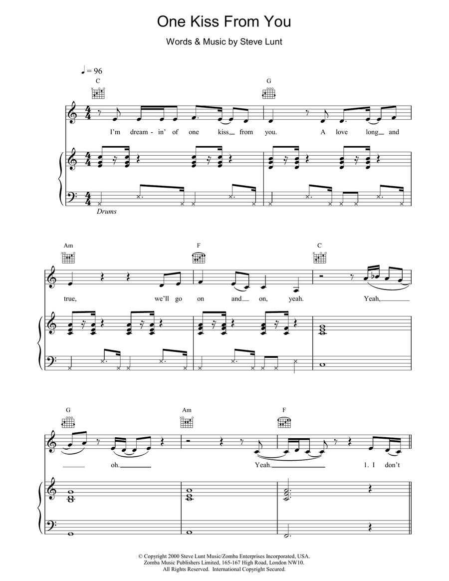 One Kiss From You Piano, Vocal, Guitar scores gallery preview page 1