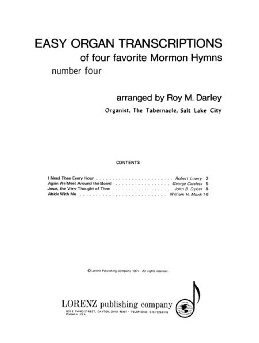 Easy Organ Transcriptions of Four Favorite Mormon Hymns, No. 4 Organ Solo scores gallery preview page 1