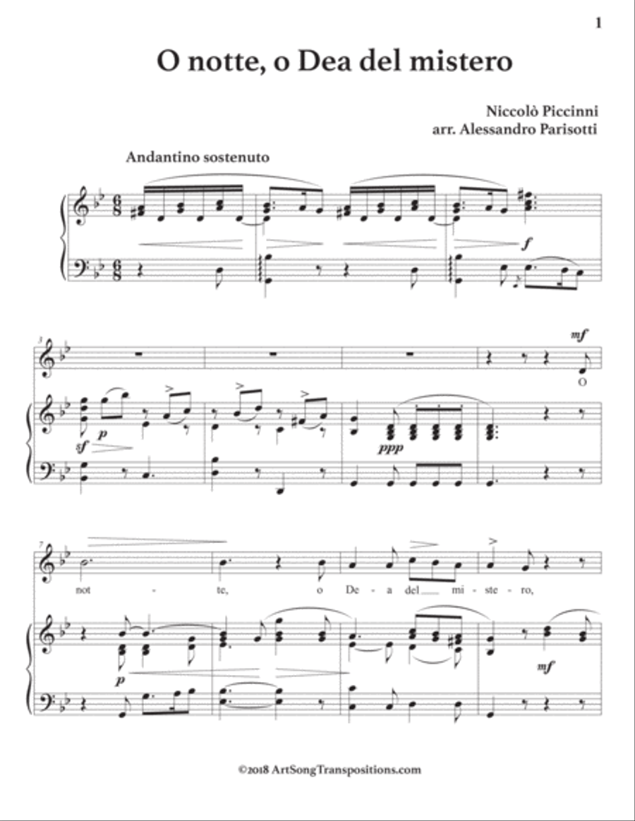 PICCINNI: O notte, O Dea del mistero (transposed to G minor) Voice scores gallery preview page 2