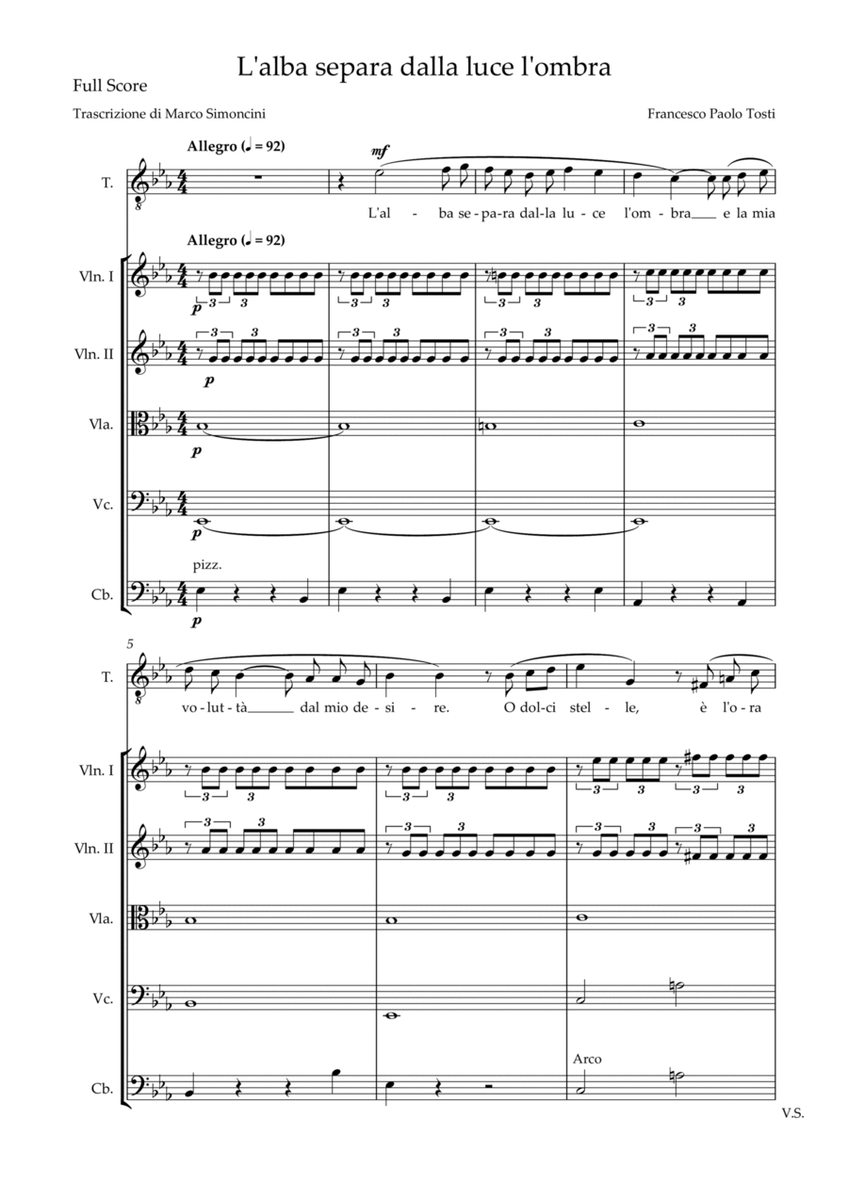 L'Alba separa dalla luce l'ombra - High Voice and Strings Quintet - Full Score and Parts Set image number null