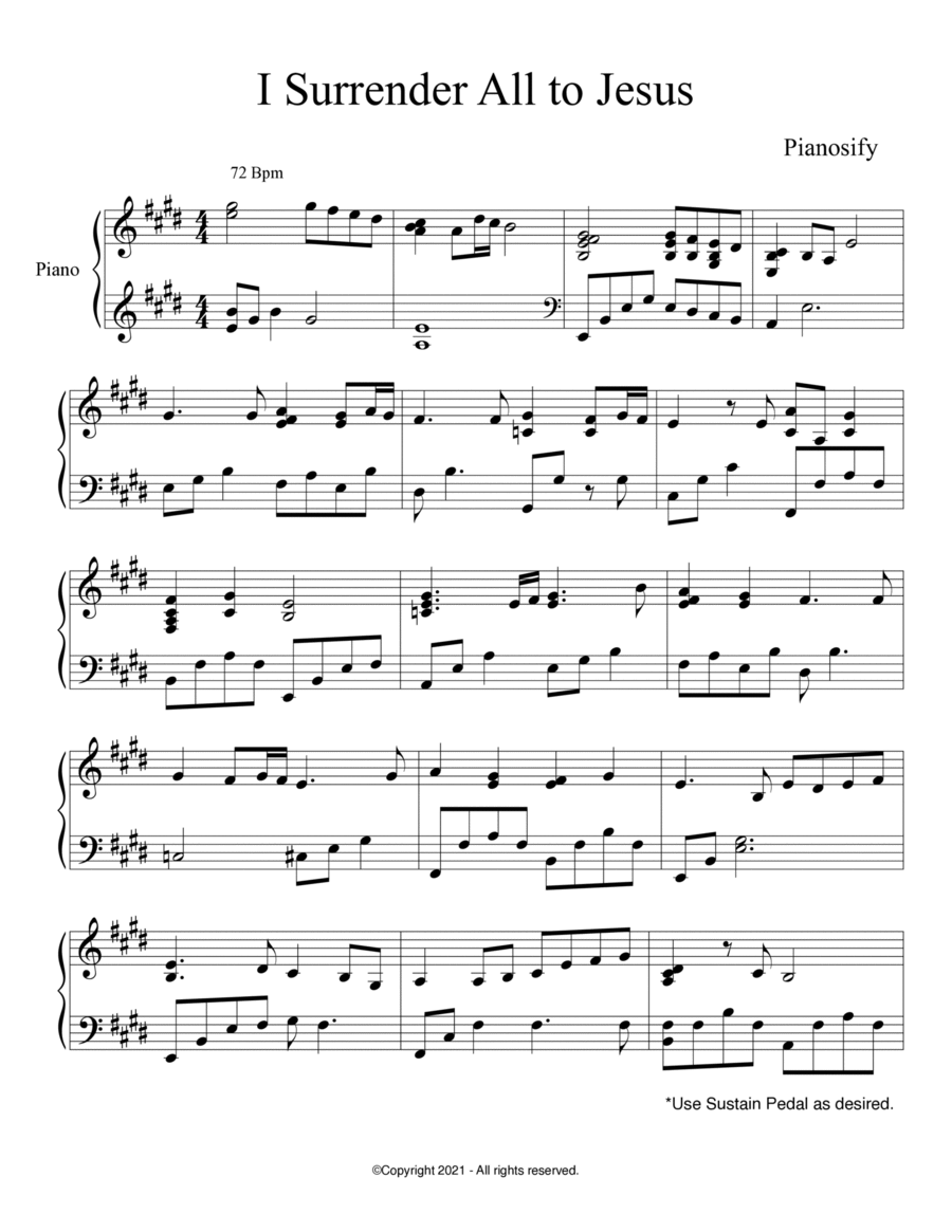 PIANO - I Surrender All to Jesus (Piano Hymn Sheet Music PDF)