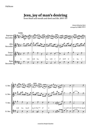 Jesu, Joy of Man’s Desiring for Recorder Quartet by Bach BWV 147