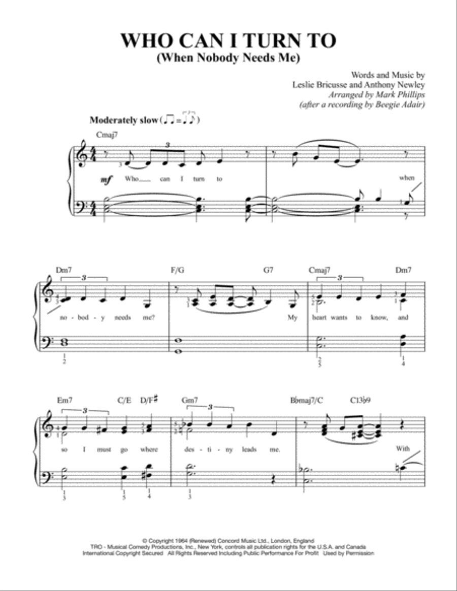 Who Can I Turn To (when Nobody Needs Me) Easy Piano scores gallery preview page 1