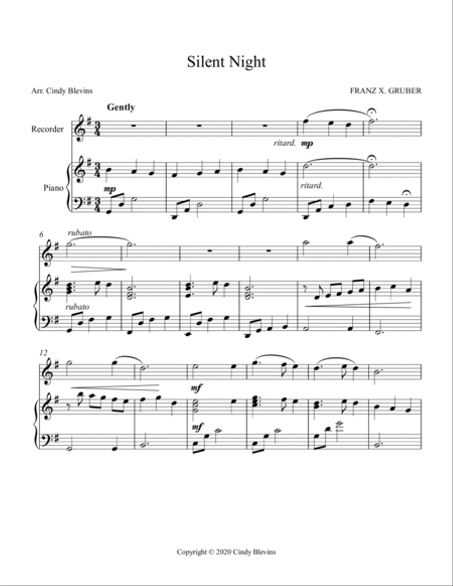 Silent Night, Piano and Recorder Recorder scores gallery preview page 2