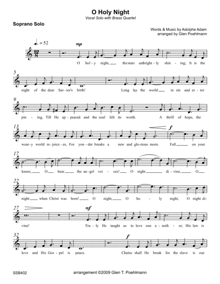 O HOLY NIGHT - SOPRANO SOLO with BRASS QUARTET & optional Piano image number null
