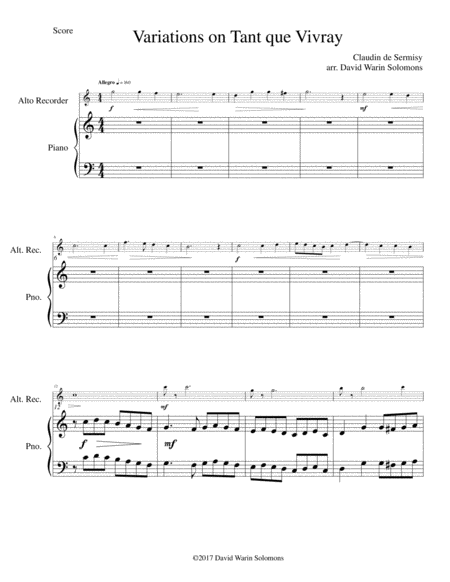 Variations on Tant que vivray for alto recorder and piano image number null