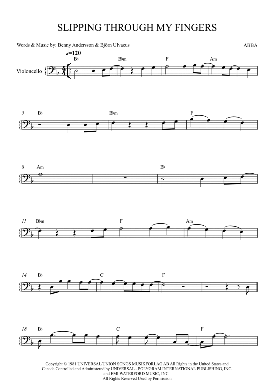 Slipping Through My Fingers Cello Solo scores gallery preview page 1