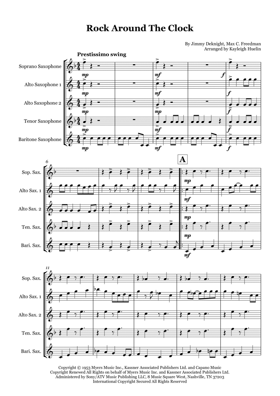 Rock Around The Clock Saxophone Quintet scores gallery preview page 1