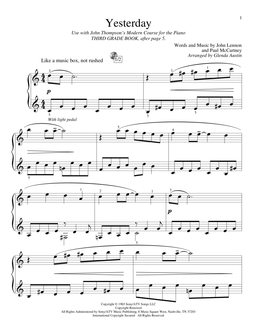 Yesterday (arr. Glenda Austin) Piano Method scores gallery preview page 1