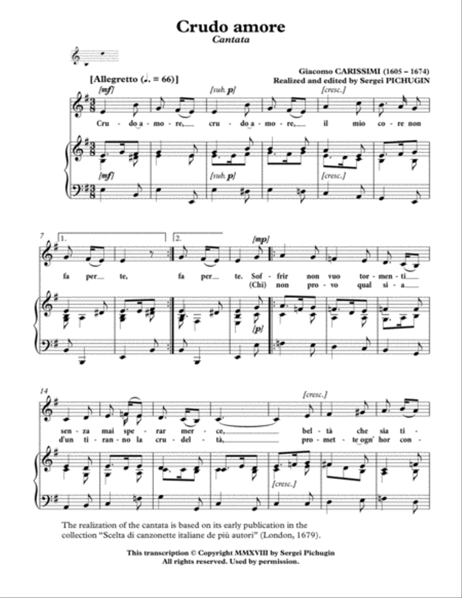 CARISSIMI, Giacomo: Crudo amore, cantata for Voice (Alto/Baritone) and Piano (E minor) Alto Voice scores gallery preview page 3