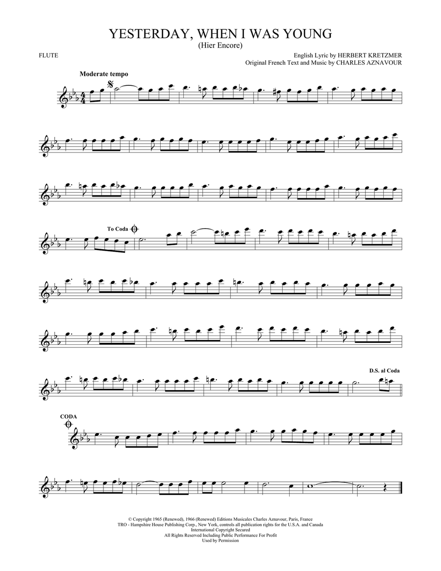 Yesterday, When I Was Young (Hier Encore) Flute Solo scores gallery preview page 1