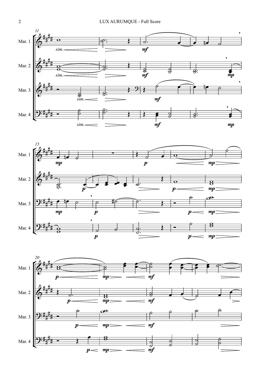 Lux Aurumque for Marimba Quartet (arr. Joby Burgess) - Full Score Percussion Ensemble scores gallery preview page 2