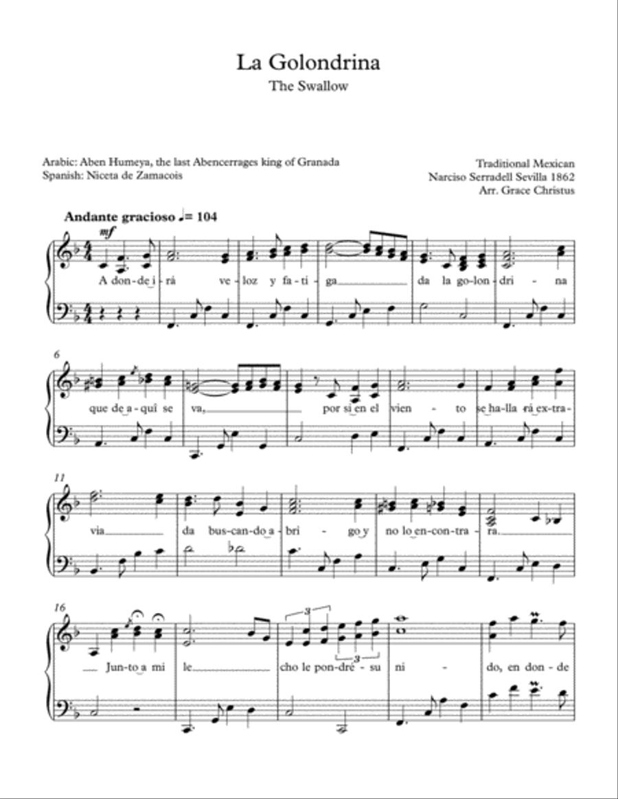 La Golondrina Piano Solo scores gallery preview page 1