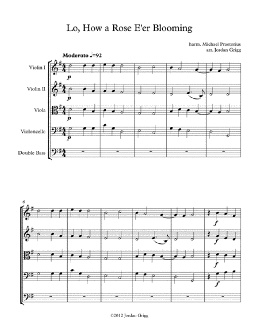 Lo, How a Rose E'er Blooming (String Quintet) String Orchestra scores gallery preview page 1