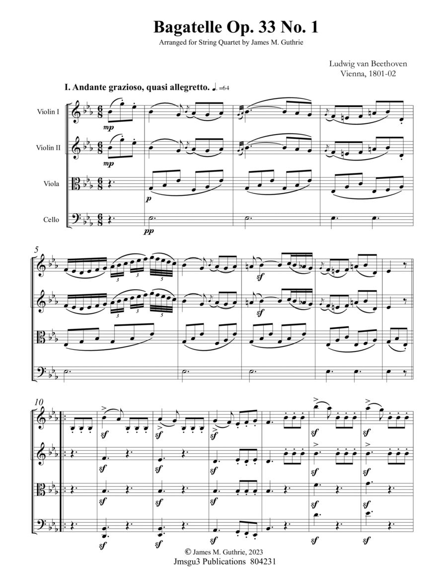 Beethoven: Seven Bagatelles Op. 33 Complete for String Quartet image number null