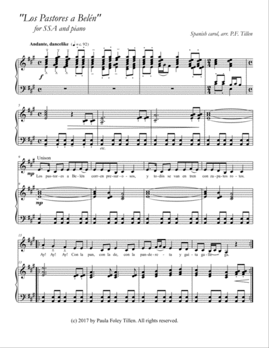 Los Pastores a Belen (Shepherds to Bethlehem)- SSA and piano SSA scores gallery preview page 1