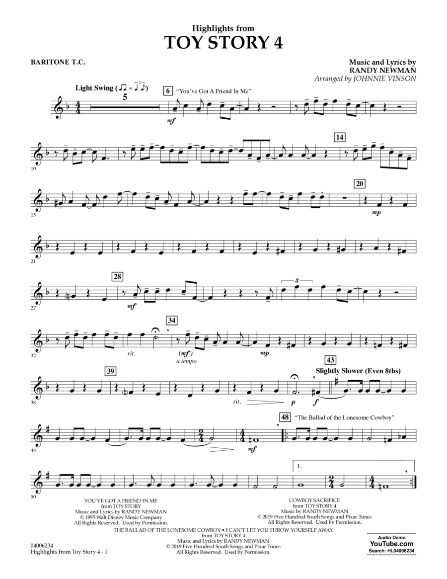 Highlights from Toy Story 4 (arr. Johnnie Vinson) - Baritone T.C. Concert Band scores gallery preview page 1