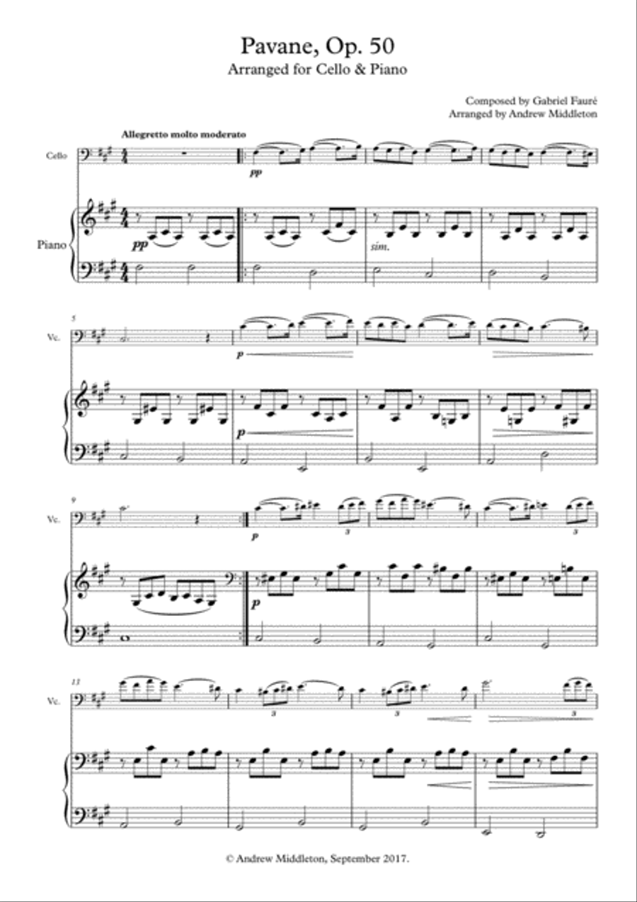 Pavane Op. 50 arranged for Cello and Piano Small Ensemble scores gallery preview page 3