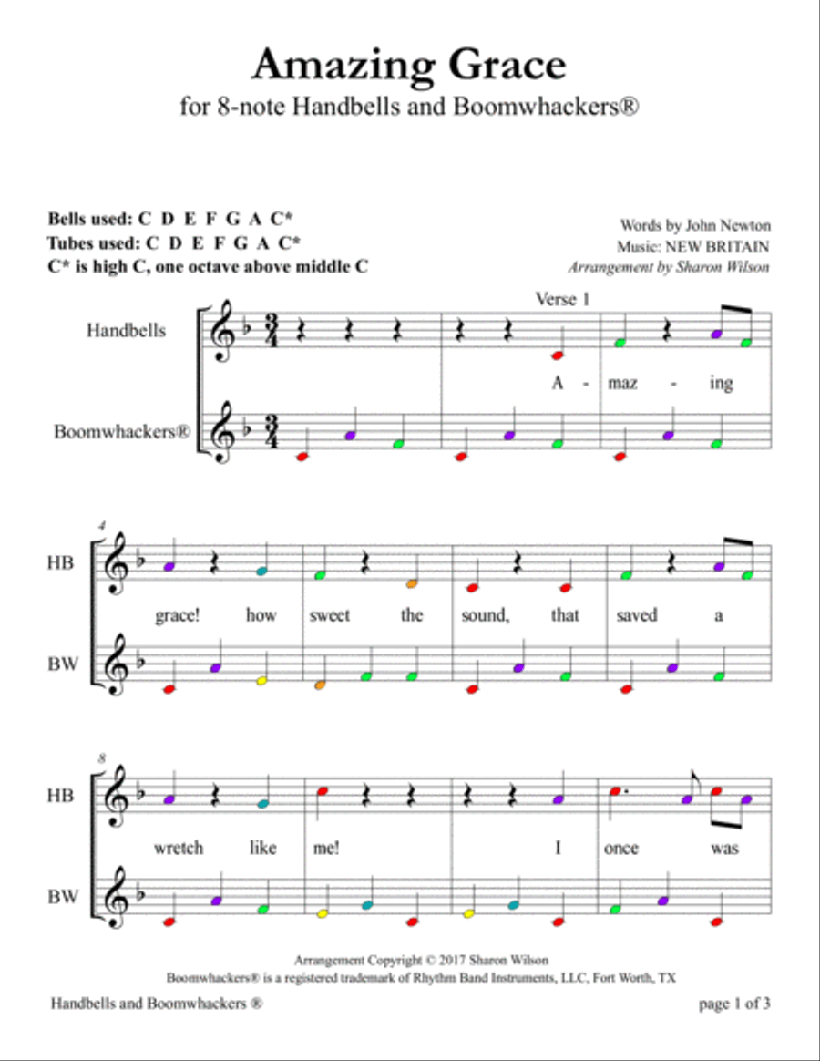 Amazing Grace (for 8-note Bells and Boomwhackers with Color Coded Notes) image number null