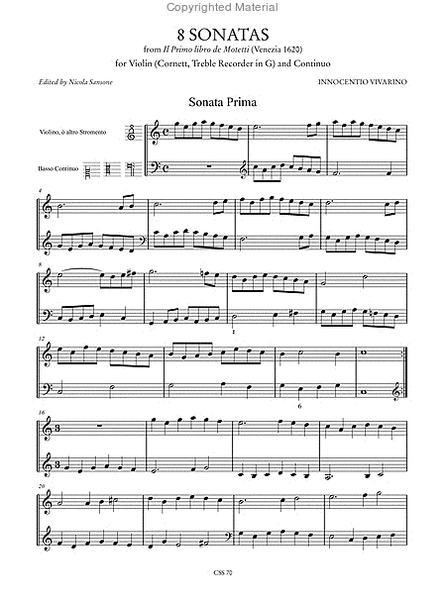 8 Sonatas from "Il primo libro de Motetti" (Venezia 1620) for Violin (Cornett, Treble Recorder in G) and Continuo