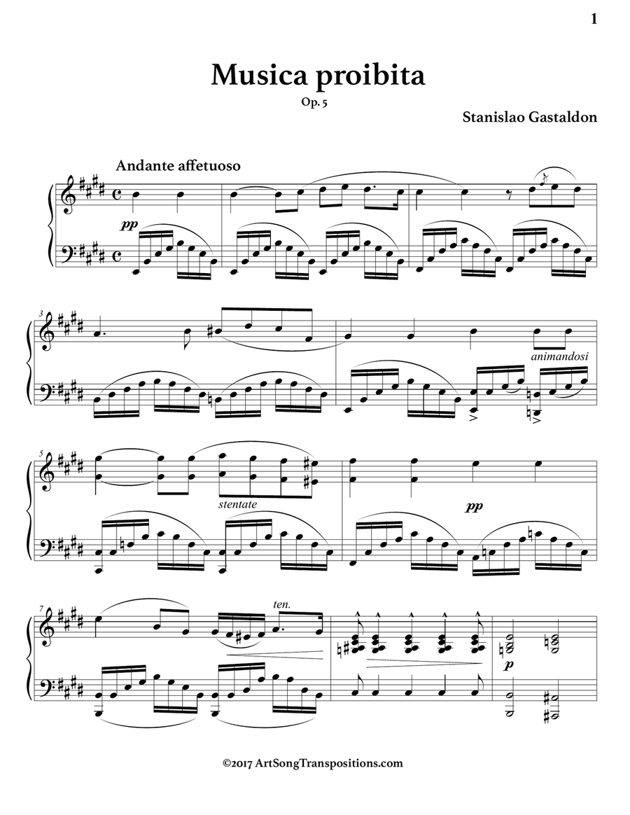 GASTALDON: Musica proibita, Op. 5 (transposed to E major) Piano, Vocal scores gallery preview page 2