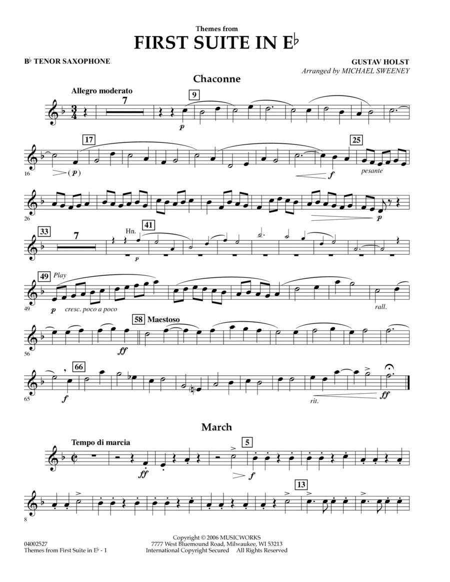 First Suite In E Flat, Themes From - Bb Tenor Saxophone