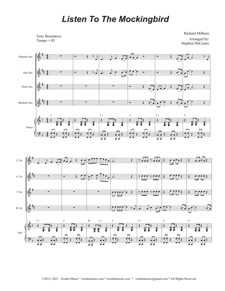 Listen To The Mockingbird (Saxophone Quartet and Piano)
