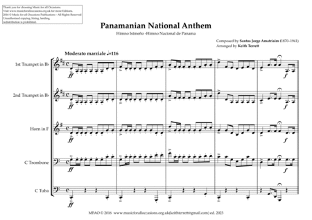 Panamanian (Himno Istmeño -Himno Nacional de Panama) National Anthem for Brass Quintet image number null