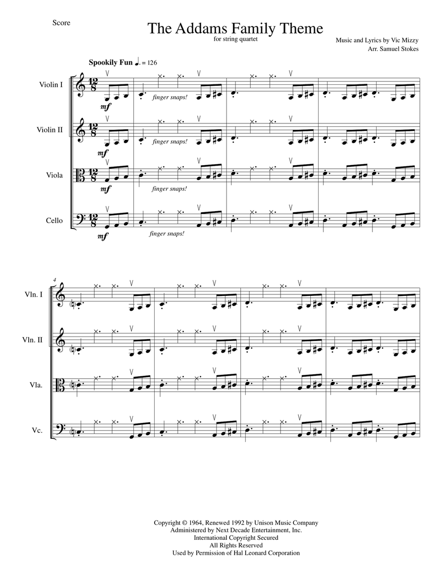 The Addams Family Theme String Quartet scores gallery preview page 1