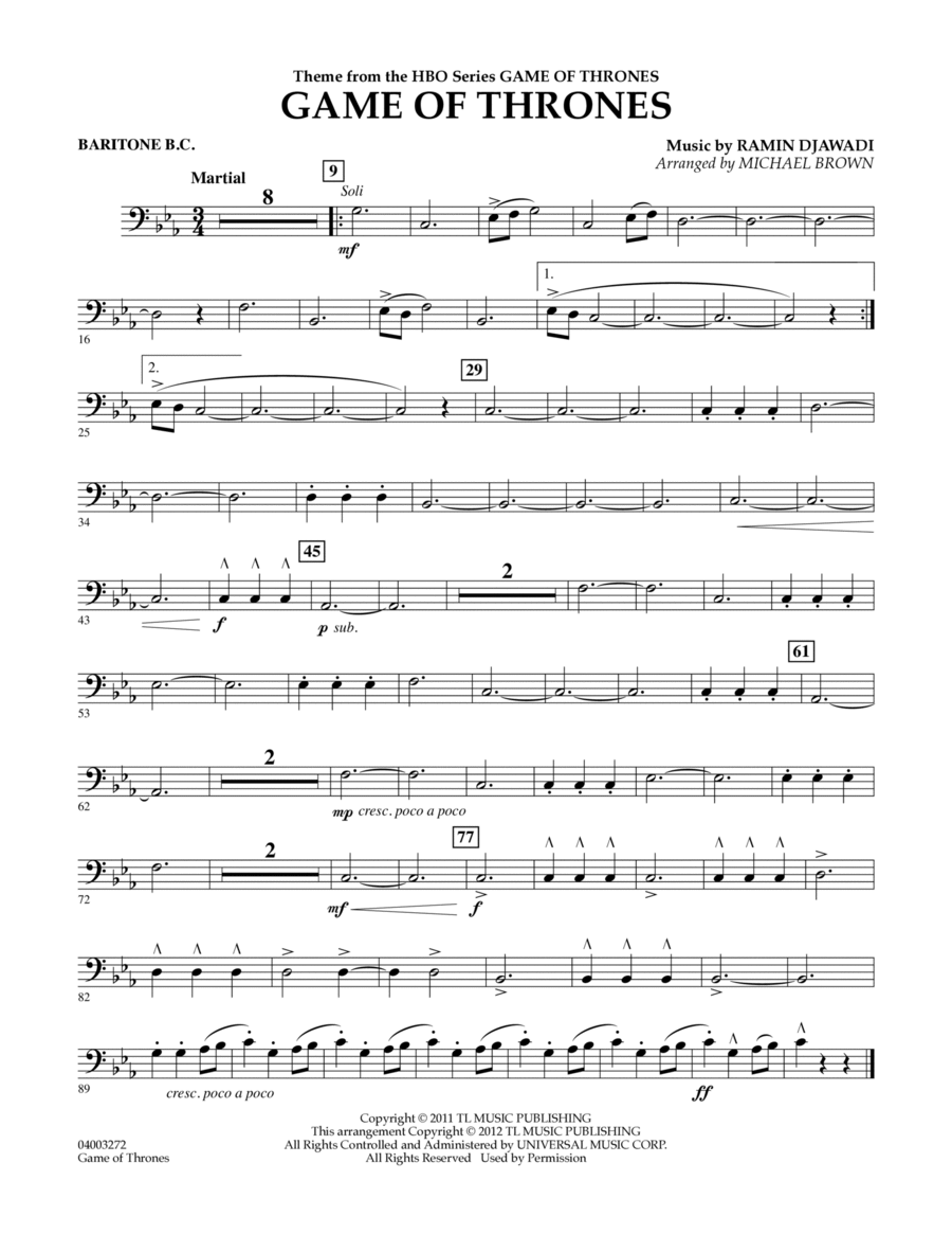 Game Of Thrones (arr. Michael Brown) - Baritone B.C. Concert Band scores gallery preview page 1