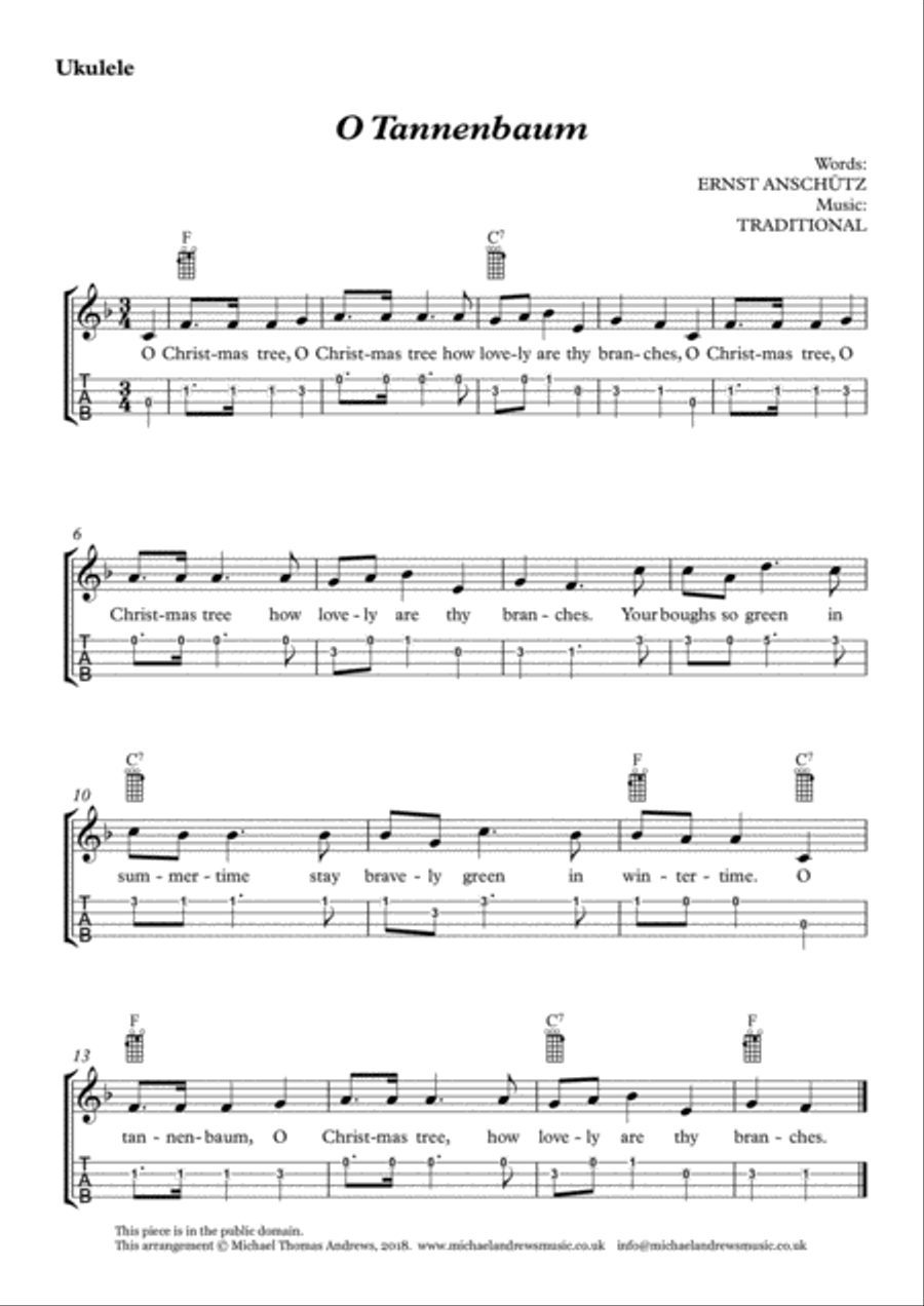 O Tannenbaum / O Christmas Tree (for Ukulele with TAB) Ukulele scores gallery preview page 1