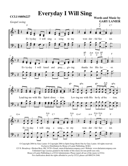 EVERYDAY I WILL SING, Worship Hymn Sheet (Includes Melody, Lyrics, 4 Part Harmony & Chords) image number null