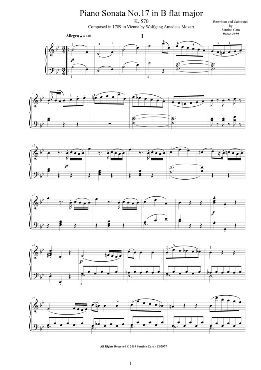 Mozart - Piano Sonata No.17 in B flat major K 570 - Complete score Piano Solo scores gallery preview page 1