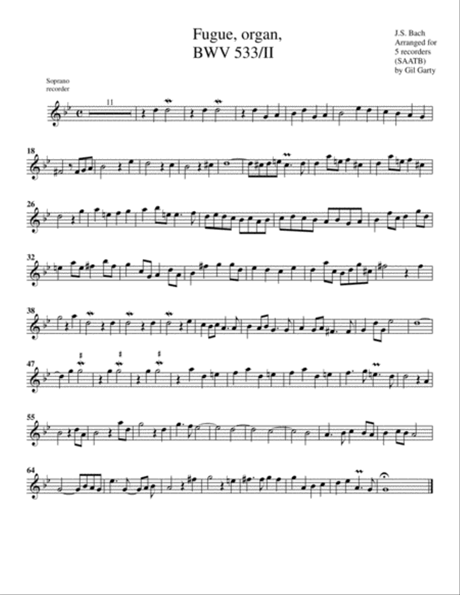 Fugue for organ, BWV 533/II (arrangement for 5 recorders) Recorder scores gallery preview page 3