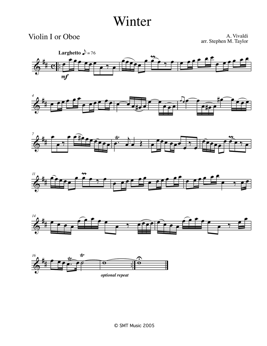 Winter by Vivaldi in D for Solo and string quartet String Quartet scores gallery preview page 1