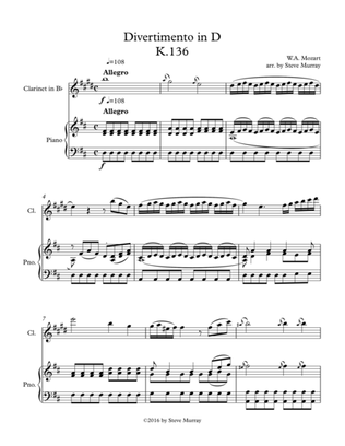 Divertimento in D major, K.136 for Bb Clarinet