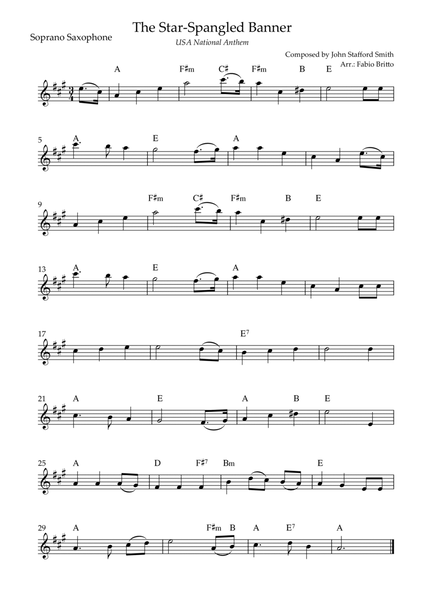 The Star Spangled Banner (USA National Anthem) for Soprano Saxophone Solo with Chords (G Major)