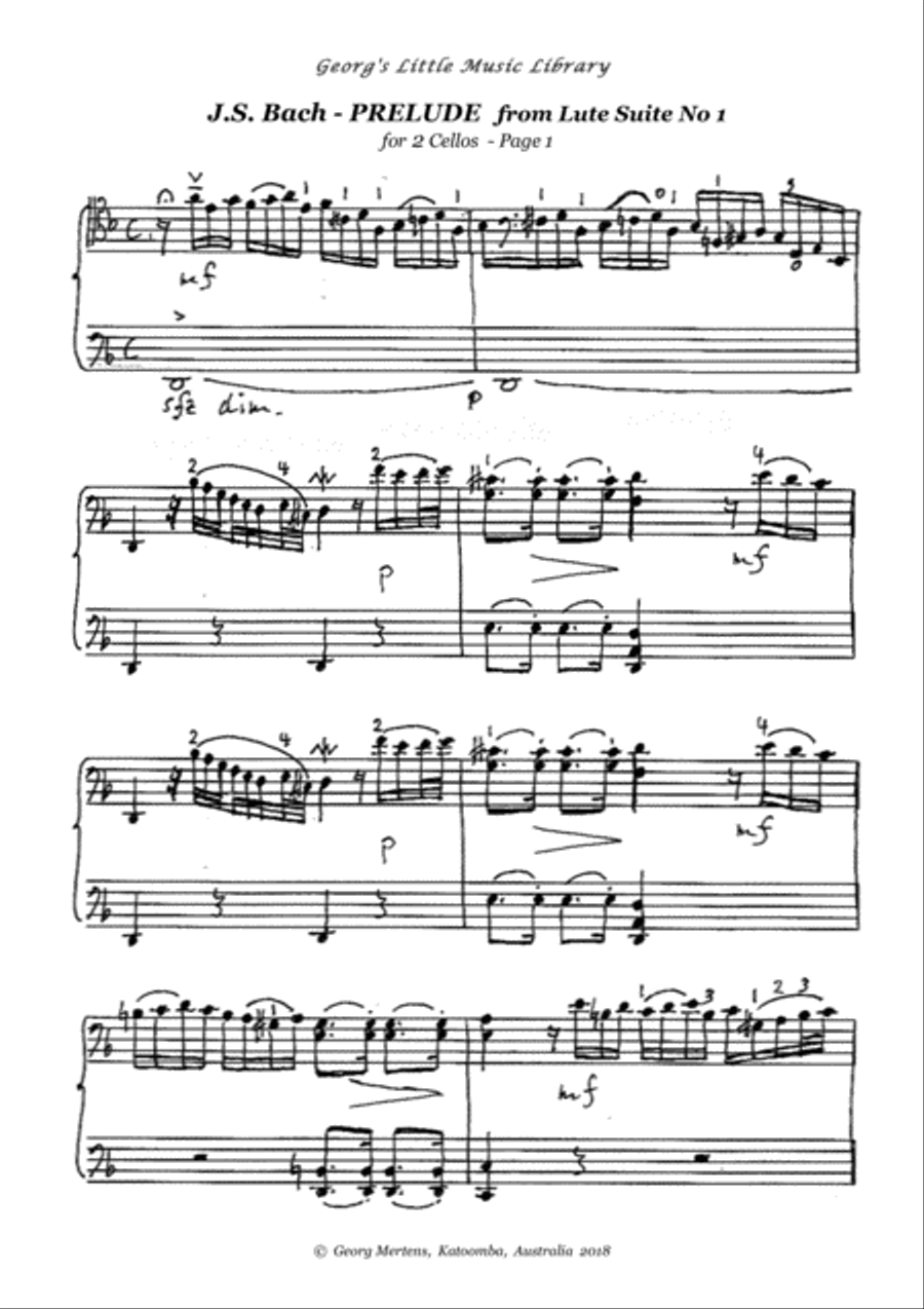 J.S. Bach Lute Suite No 1 arr. for 2 cellos String Duet scores gallery preview page 5