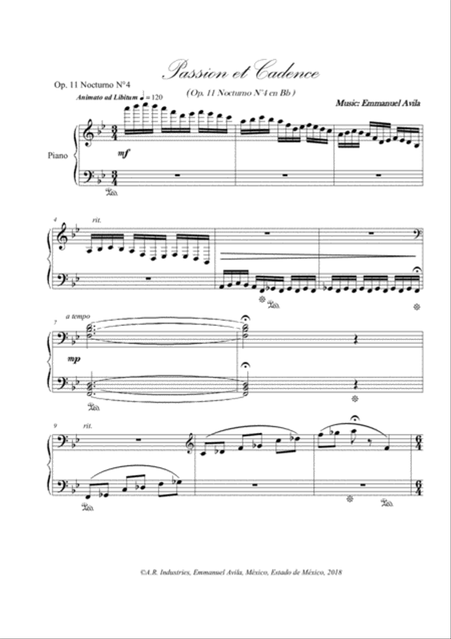 Passion et Cadence (Op. 11 Nocturne N°4 in Bb) Piano Solo scores gallery preview page 1
