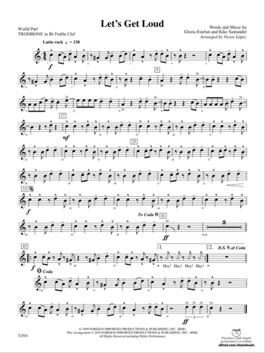 Let's Get Loud: (World Part) 1st B-flat Trombone T.C. Concert Band scores gallery preview page 1